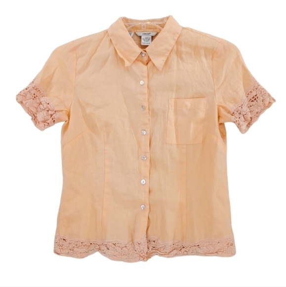 Edward Blouse M Peach Irish Linen Button Up SS Lace Embroidery Cottage Neutral - Picture 1 of 10